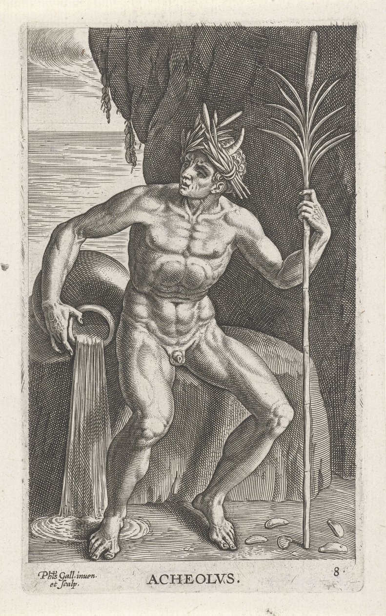 Dieu de la mer Achéloos (Rivier- en zeegoden) - Philips Galle