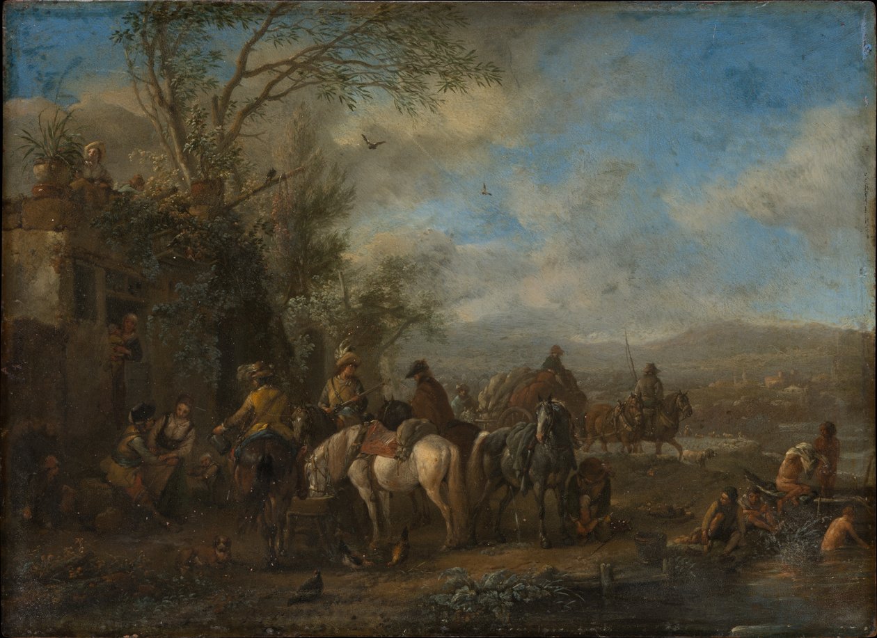 Des cavaliers armés devant une auberge - Philips Wouwerman