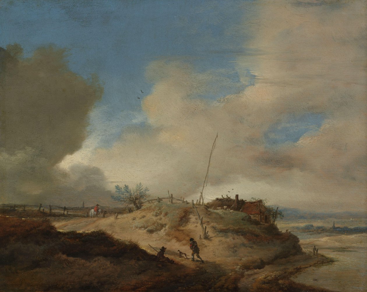 Paysage de dunes avec un poteau de signalisation - Philips Wouwerman