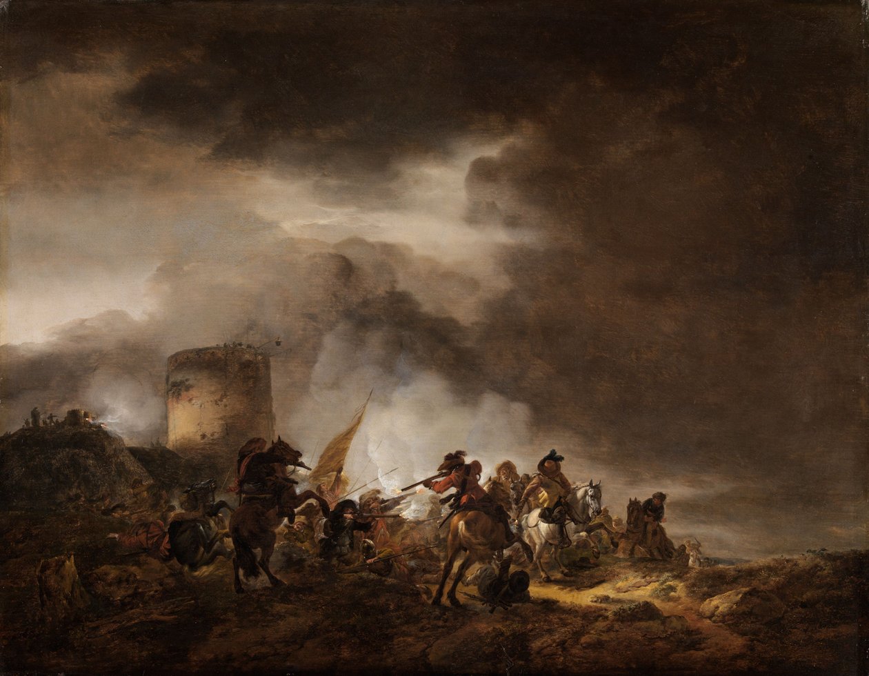 Combat entre cavaliers et fantassins devant une fortification - Philips Wouwerman