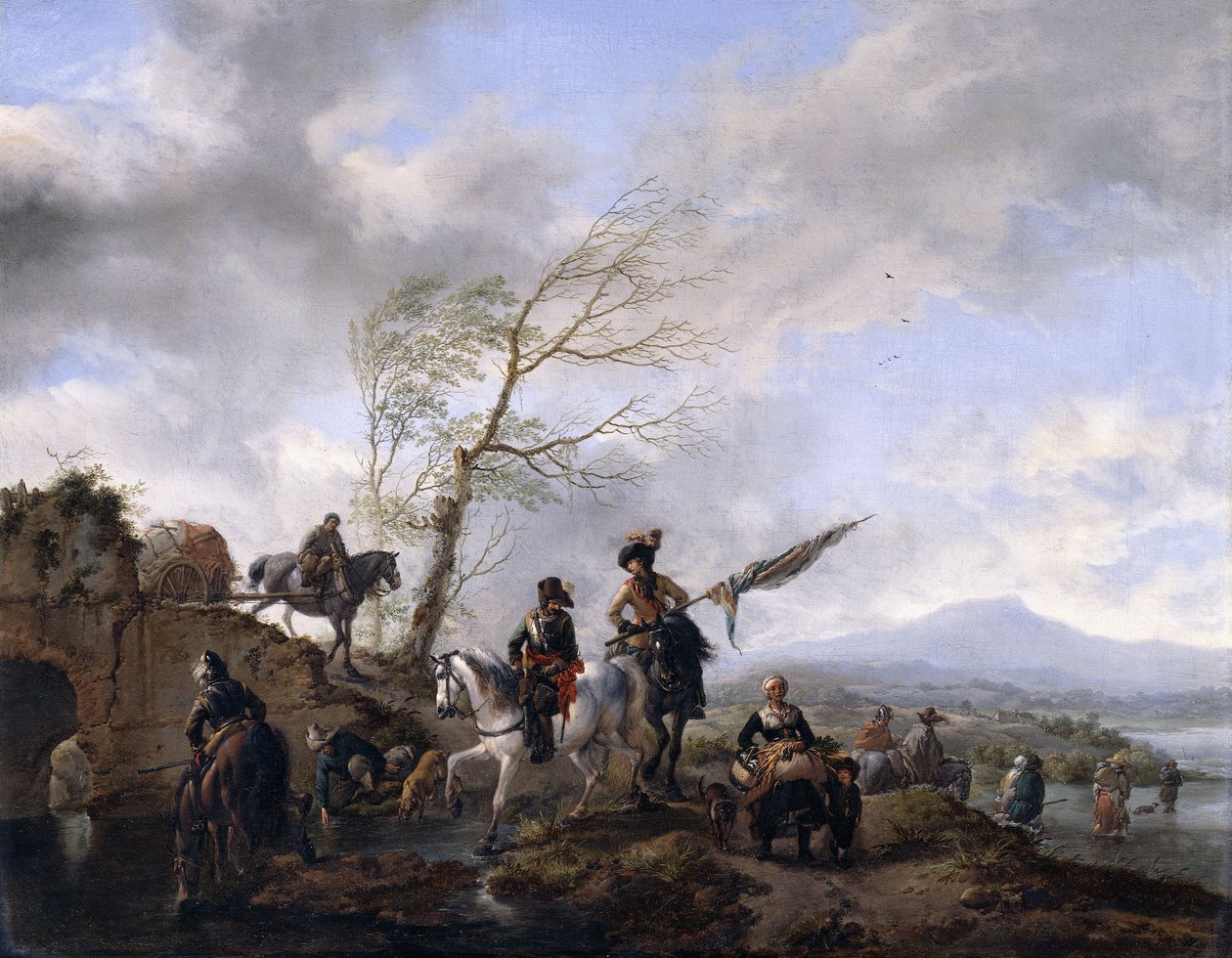 Un vaste paysage fluvial avec des soldats et un porte-étendard abreuvant leurs chevaux - Philips Wouwerman