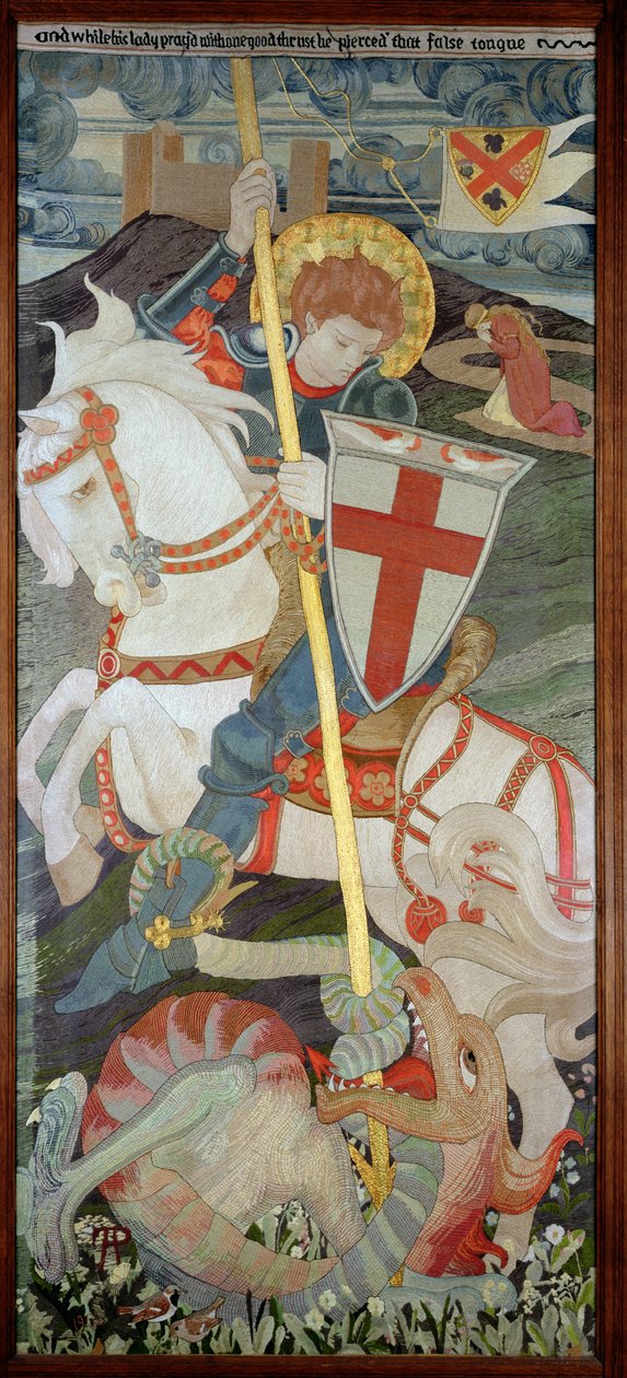 Saint Georges tuant le dragon, avec Una priant en arrière-plan, 1904 (broderie) - Phoebe Anna Traquair