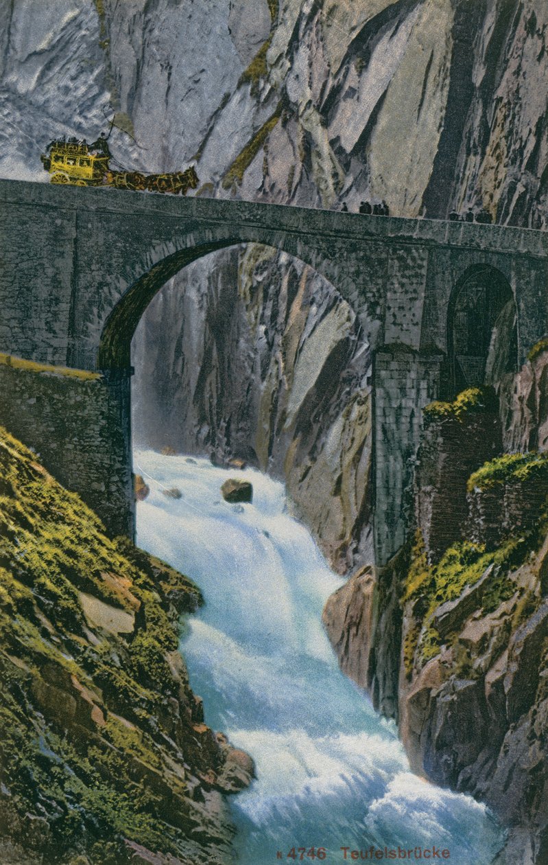 Voiture traversant le Teufelsbrucke sur les gorges de Schollenen en Suisse. Carte postale envoyée en 1913. - Photographer Swiss