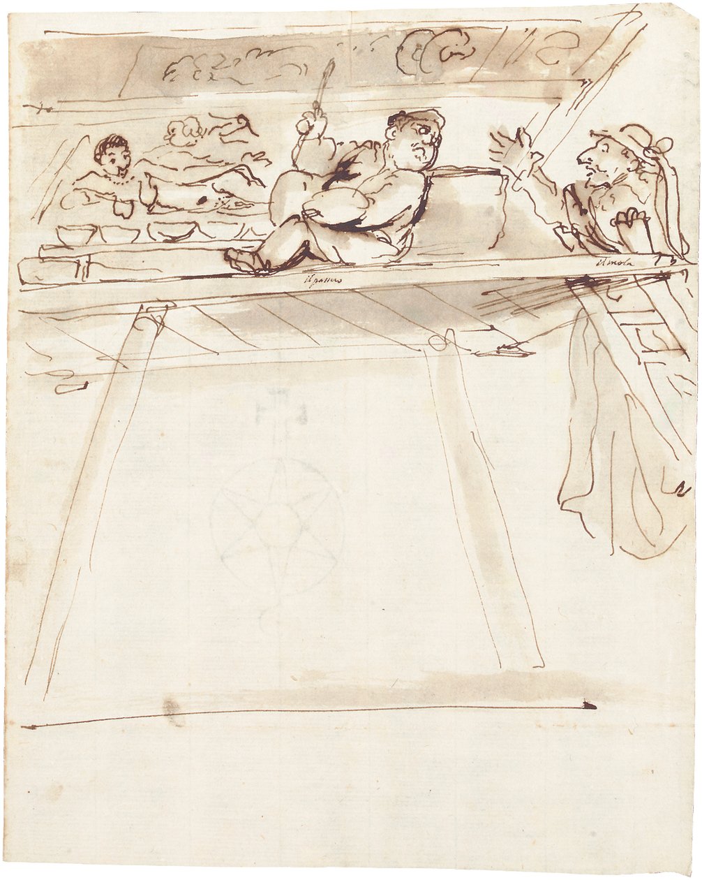 Caricature de Pier Francesco Mola interrompant Giovanni Battista Passeri peignant une décoration de plafond de Vénus allongée - Pier Francesco Mola