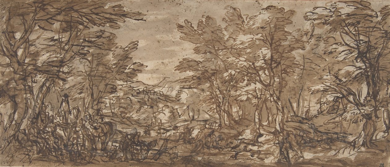 Scène de forêt, une halte à gauche, une chasse au centre - Pier Francesco Mola