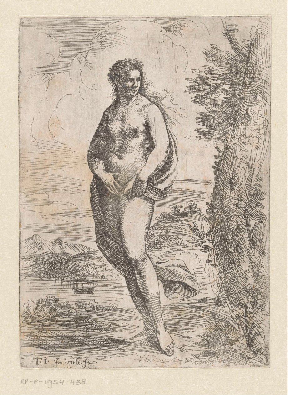 Staande naakte vrouw in landschap - Pier Francesco Mola