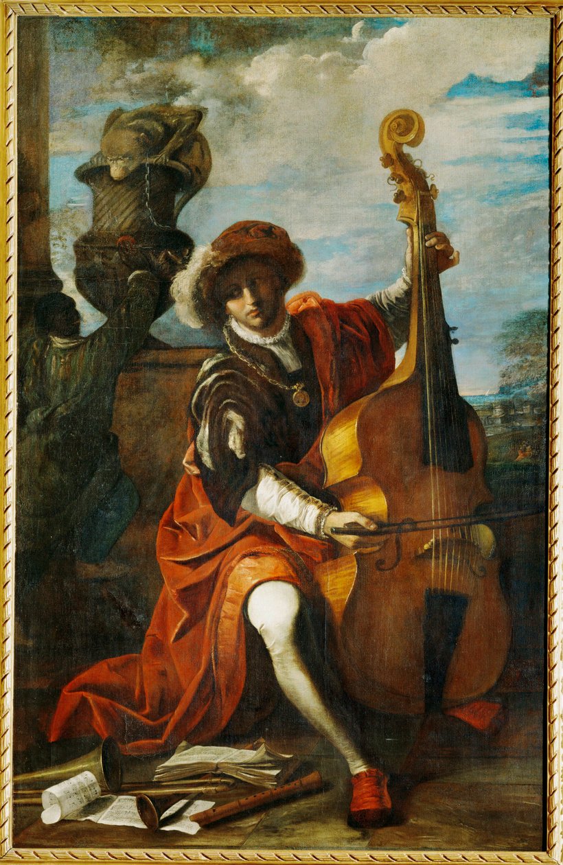 Jeune musicien avec une viole de gambe, peut-être le célèbre musicien de la Cappella Pontifica Bonaventura Argenti (peinture sur toile) - Pier Francesco Mola