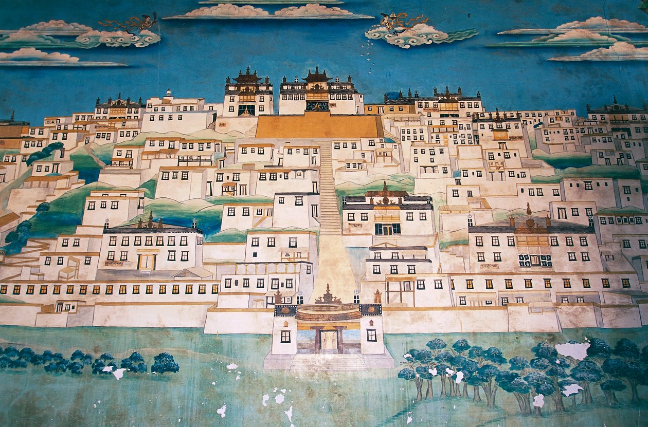 Fresque représentant la ville dans le monastère de Ganden Sumtsenling (gompa), Zhongdian (en tibétain Gyalthang, renommé en 2001 en Shangri-La par le gouvernement chinois pour promouvoir le tourisme dans cette région du plateau tibétain), province du Yunna - Blaise Nicolas Le Sueur