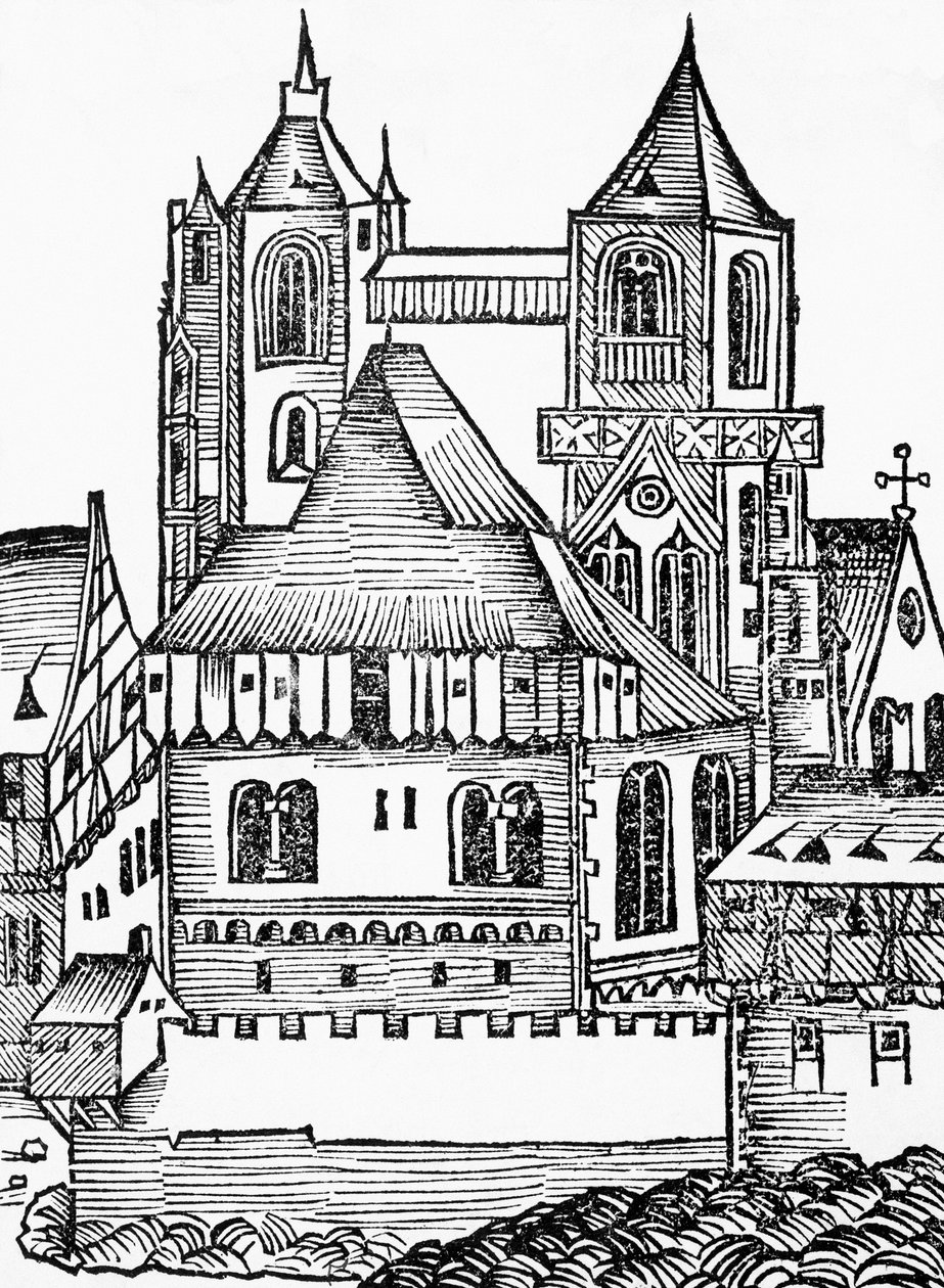 Abbaye de Montecassino, gravure allemande, tirée de la Chronique de Nuremberg (Liber Chronicarum) par Hartmann Schedel - Blaise Nicolas Le Sueur