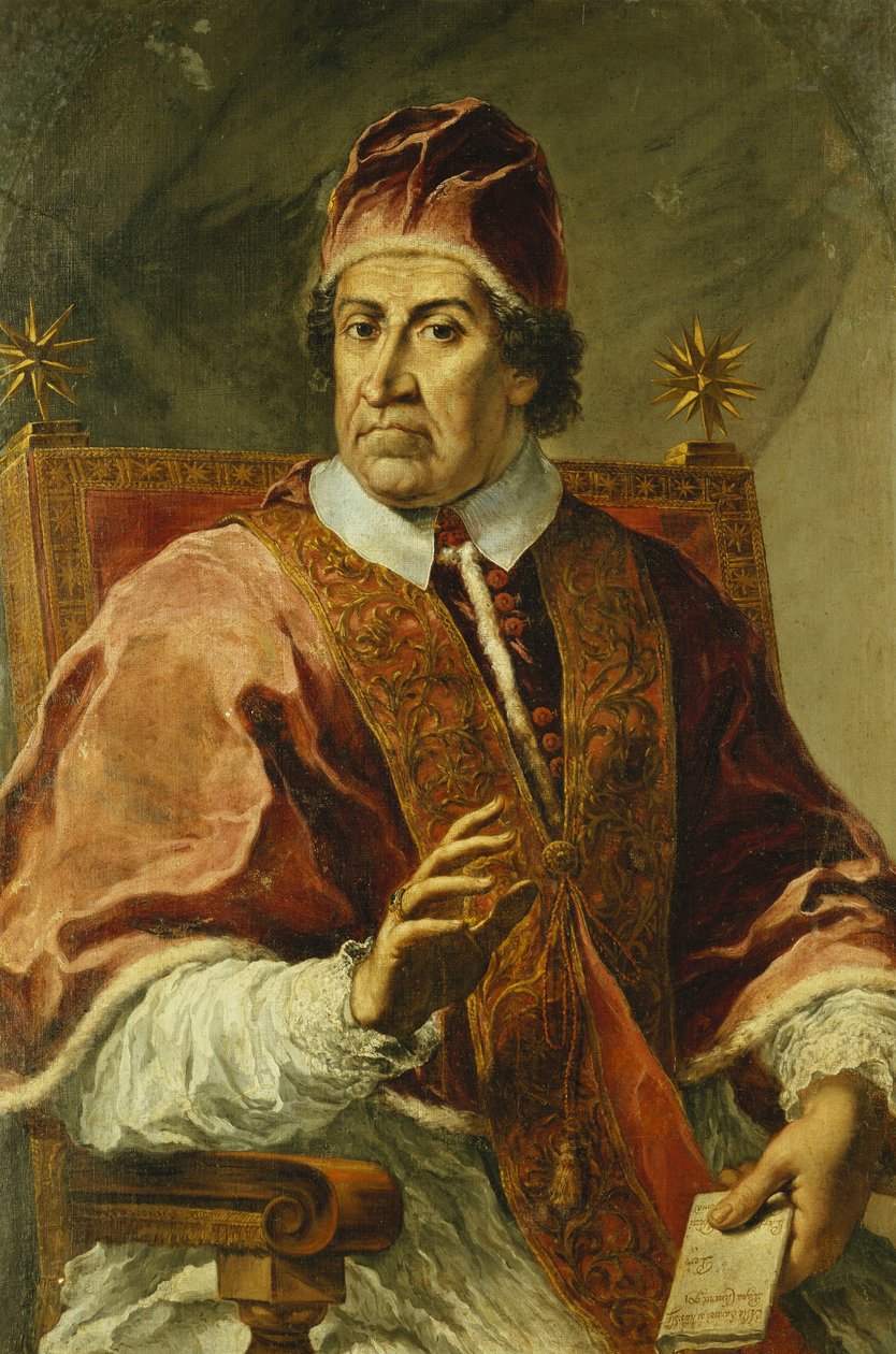 Portrait du Pape Clément XI, assis mi-longueur, portant des robes papales, tenant une lettre - Pier Leone Ghezzi