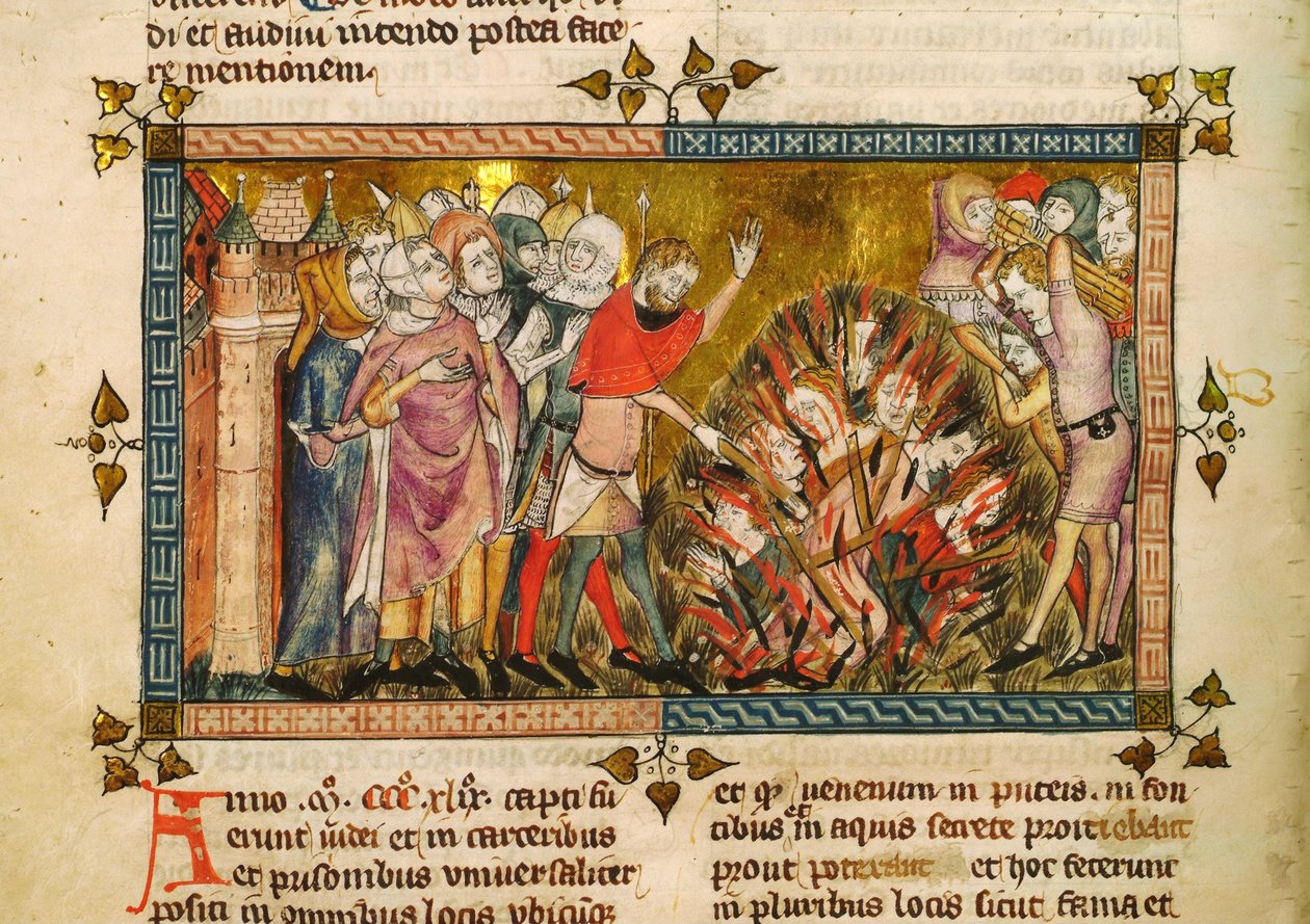 Brûlement des Juifs en 1349. Miniature de : Tractatus quartus par Gilles de Muisit - Pierart dou Tielt