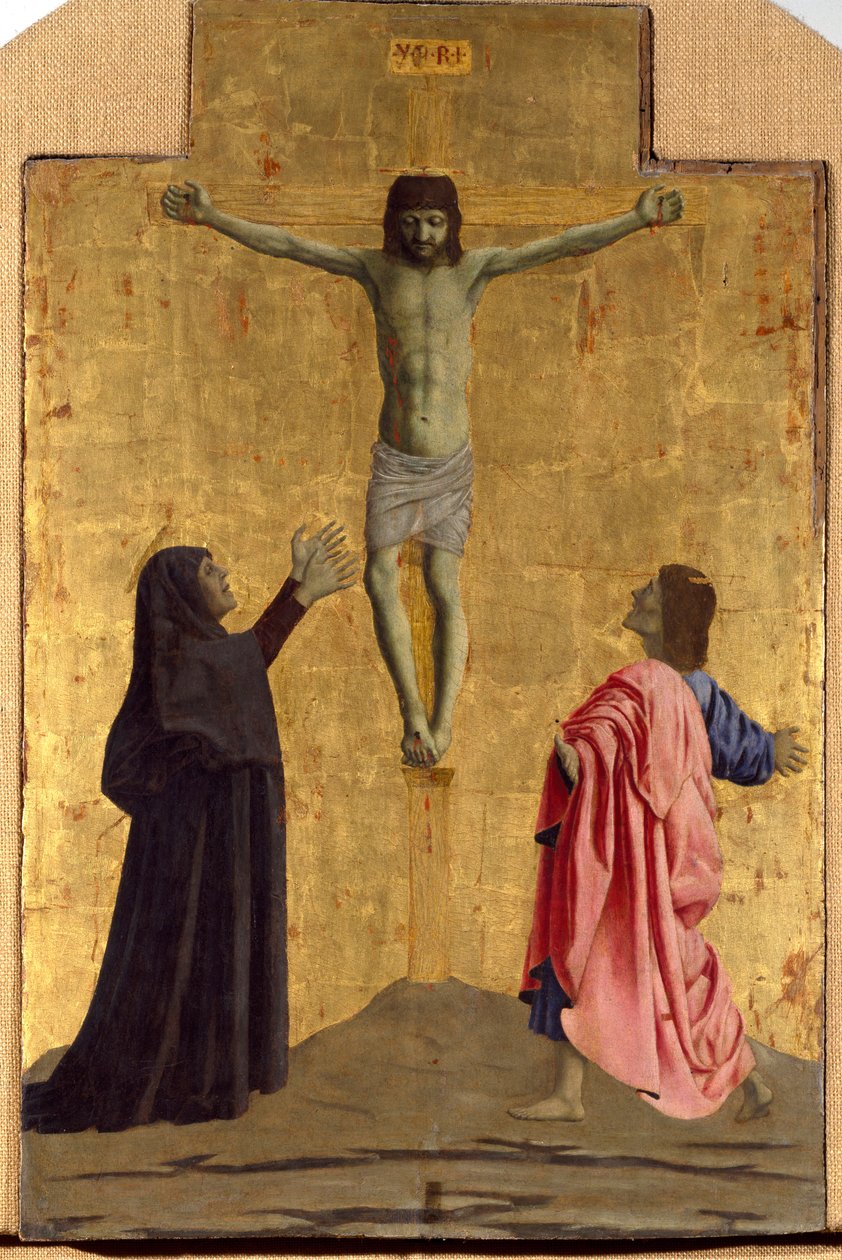 Polyptyque de la Miséricorde : la Vierge de la Miséricorde entourée de saints (détail représentant la crucifixion avec l