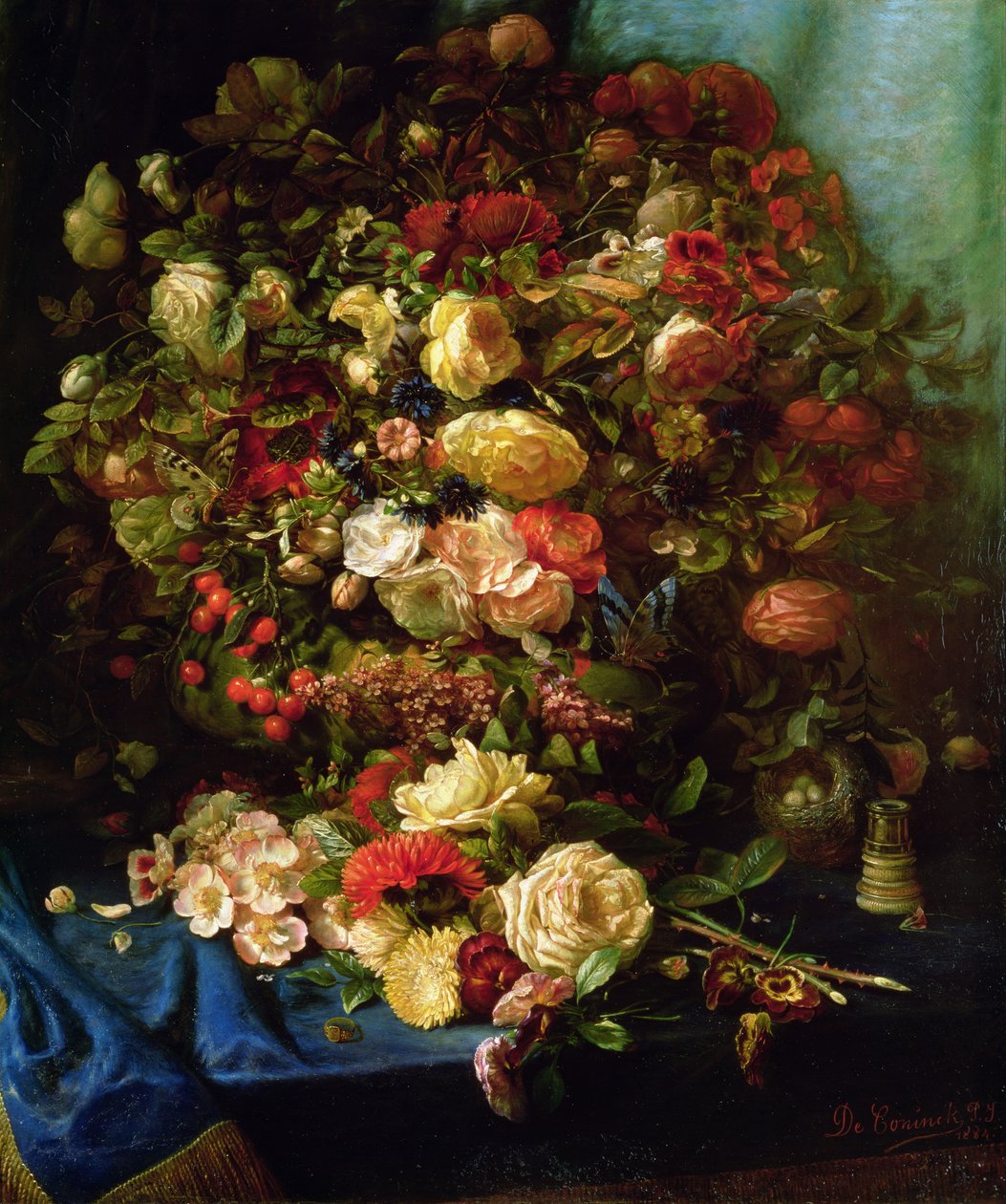 Nature morte de fleurs sur un rebord avec nid d