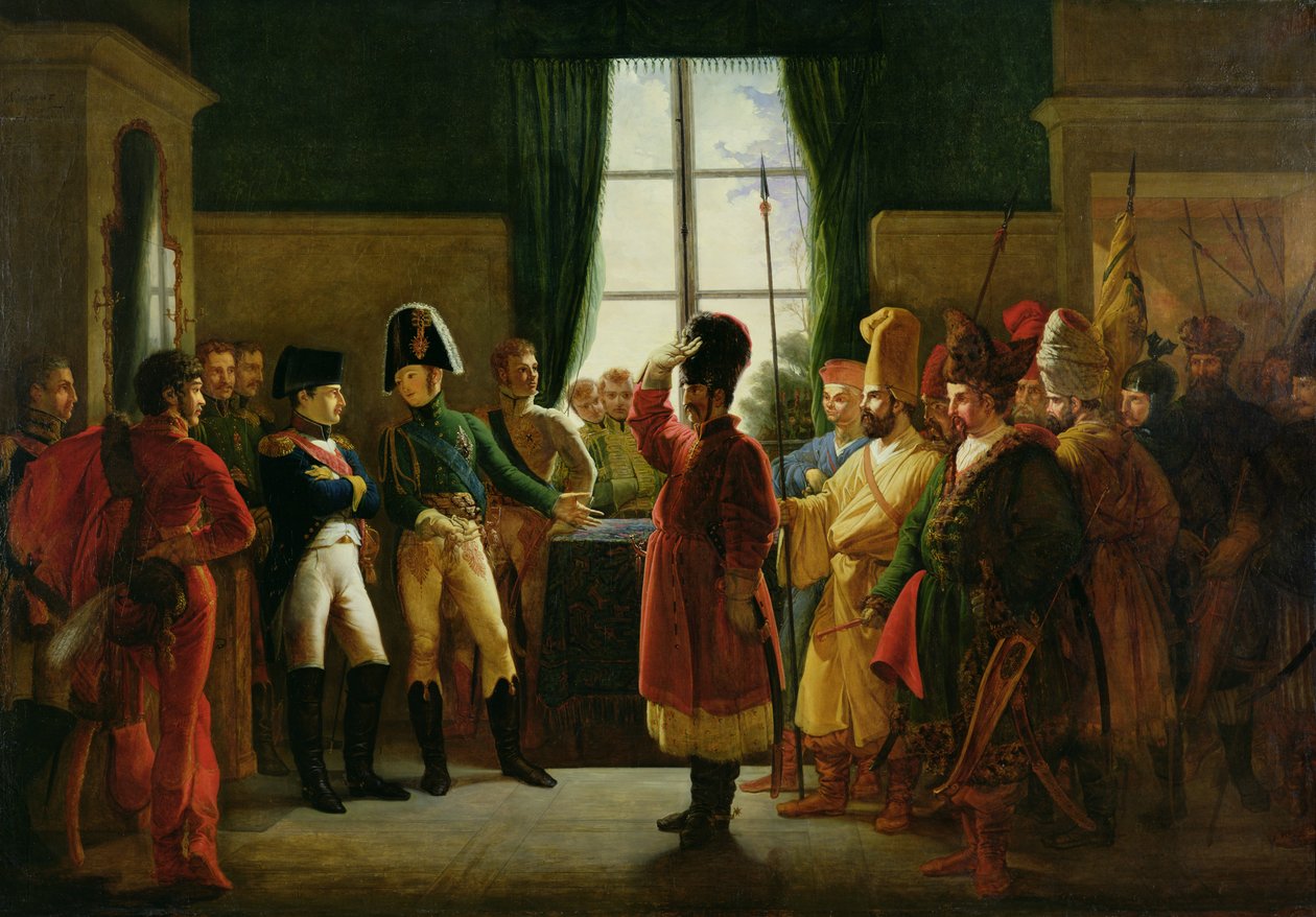 Alexandre Ier (1777-1825) présentant les Kalmouks, Cosaques et Bachkirs à Napoléon Ier (1769-1821) à Tilsit en juillet 1807, 1807-10 - Pierre Nolasque Bergeret