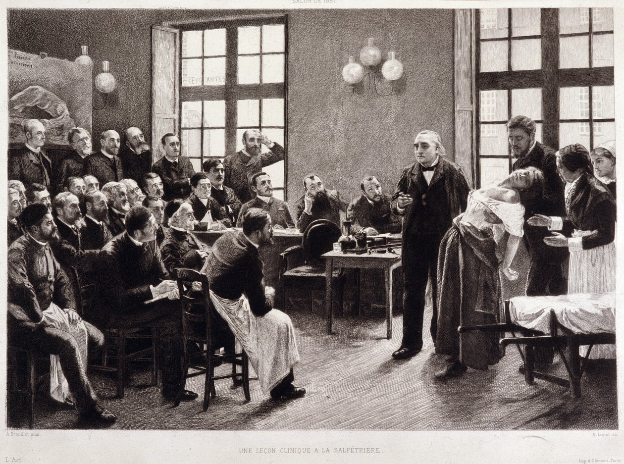 Une leçon clinique par le Dr Charcot à la Salpêtrière en 1887. Étudiants du département du professeur Jean Martin Charcot qui explique le cas de Blanche Wittman, sa patiente et cobaye préférée pour ses recherches sur l