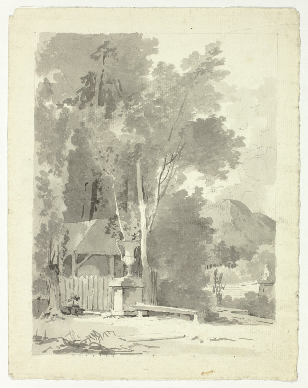 Urne classique devant un hangar, avec temple et montagne en arrière-plan - Pierre Antoine Mongin