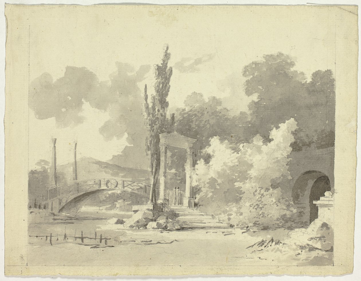 Vue du parc de Versailles : Pont en arc et abords à colonnes - Pierre Antoine Mongin