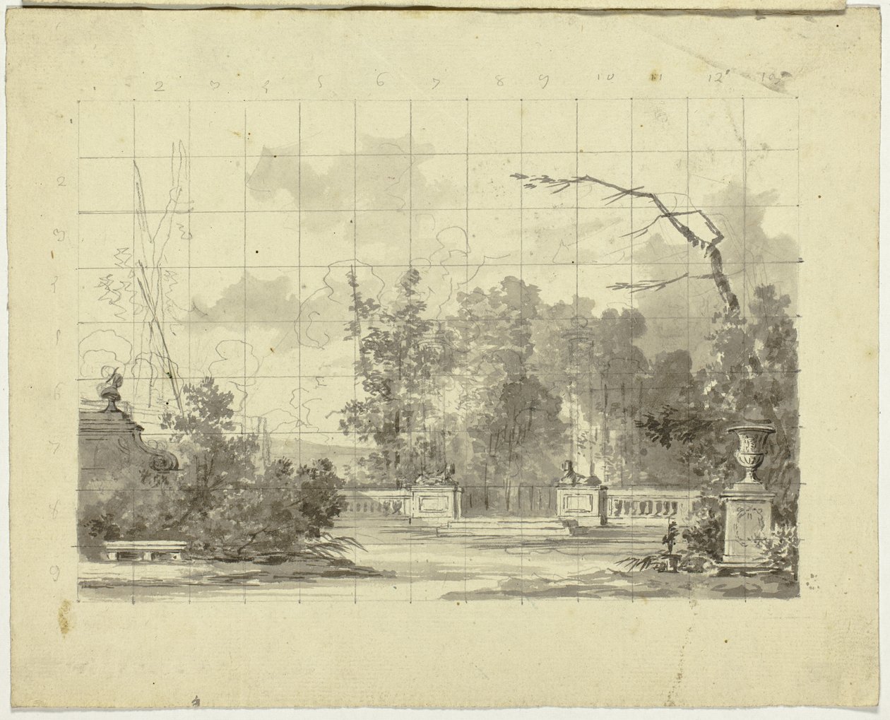 Vue du parc de Versailles : Balustrade avec deux sphinx Urne - Pierre Antoine Mongin