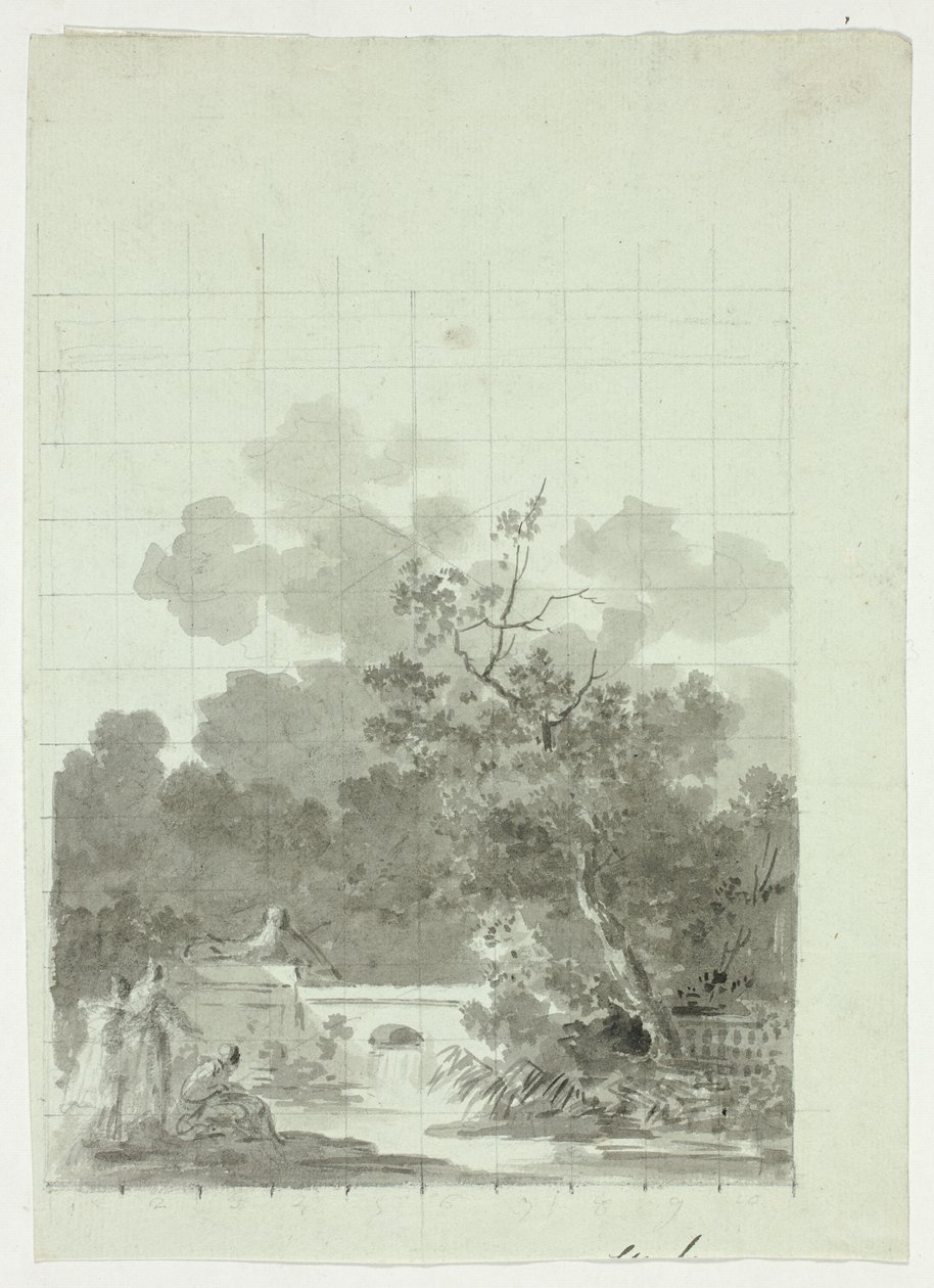 Vue du parc de Versailles : Pêche dans un étang près d