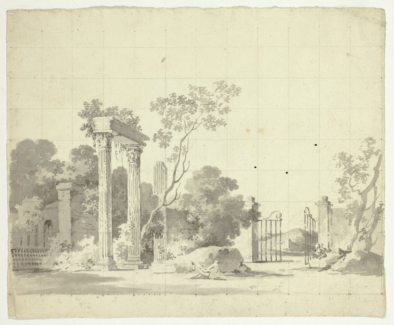 Vue du parc de Versailles : Colonnes en ruine et grille de fer ouverte - Pierre Antoine Mongin