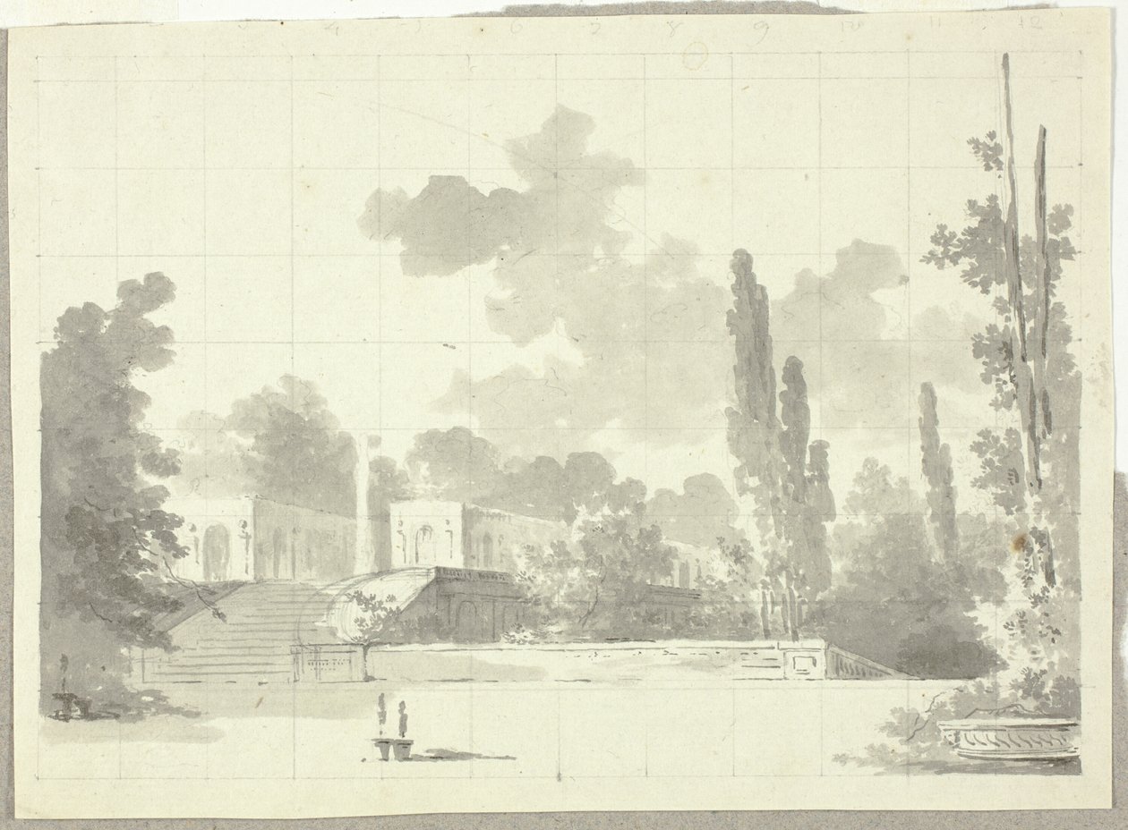Vue du parc de Versailles : Escalier de la terrasse avec temple et colonne - Pierre Antoine Mongin