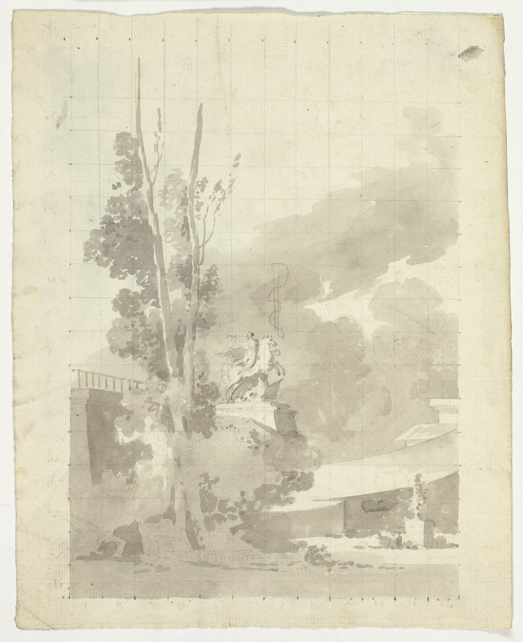 Vue du parc de Versailles : Terrasse, arbres et statue équestre - Pierre Antoine Mongin