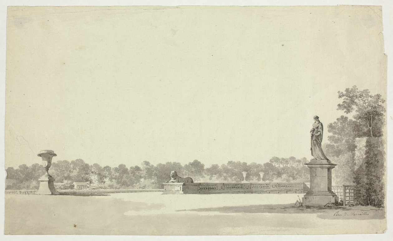 Vue du parc de Versailles : Terrasse avec urne, sphinx et statue féminine - Pierre Antoine Mongin