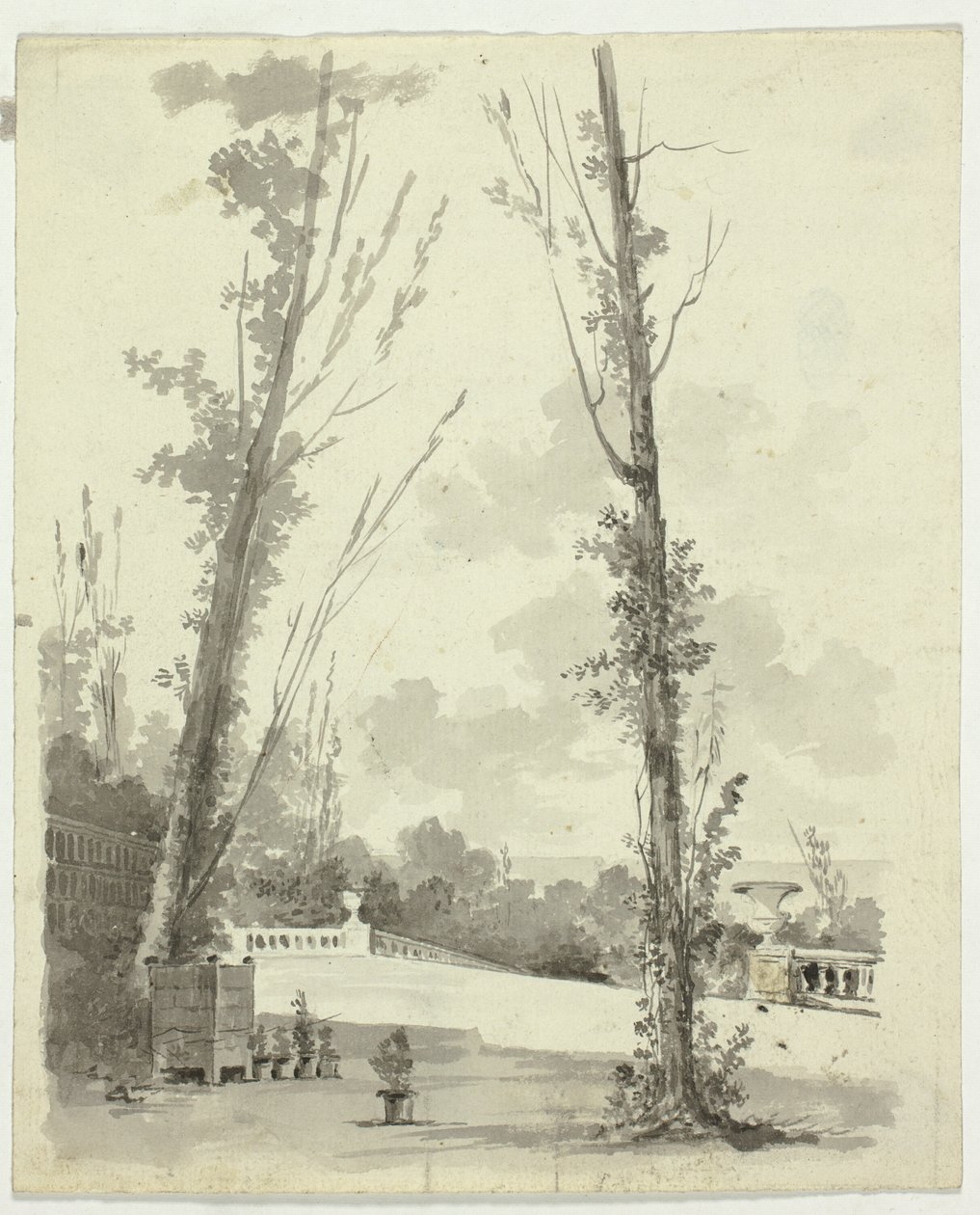 Vue du parc de Versailles : Deux peupliers avec une promenade à balustrade en arrière-plan - Pierre Antoine Mongin