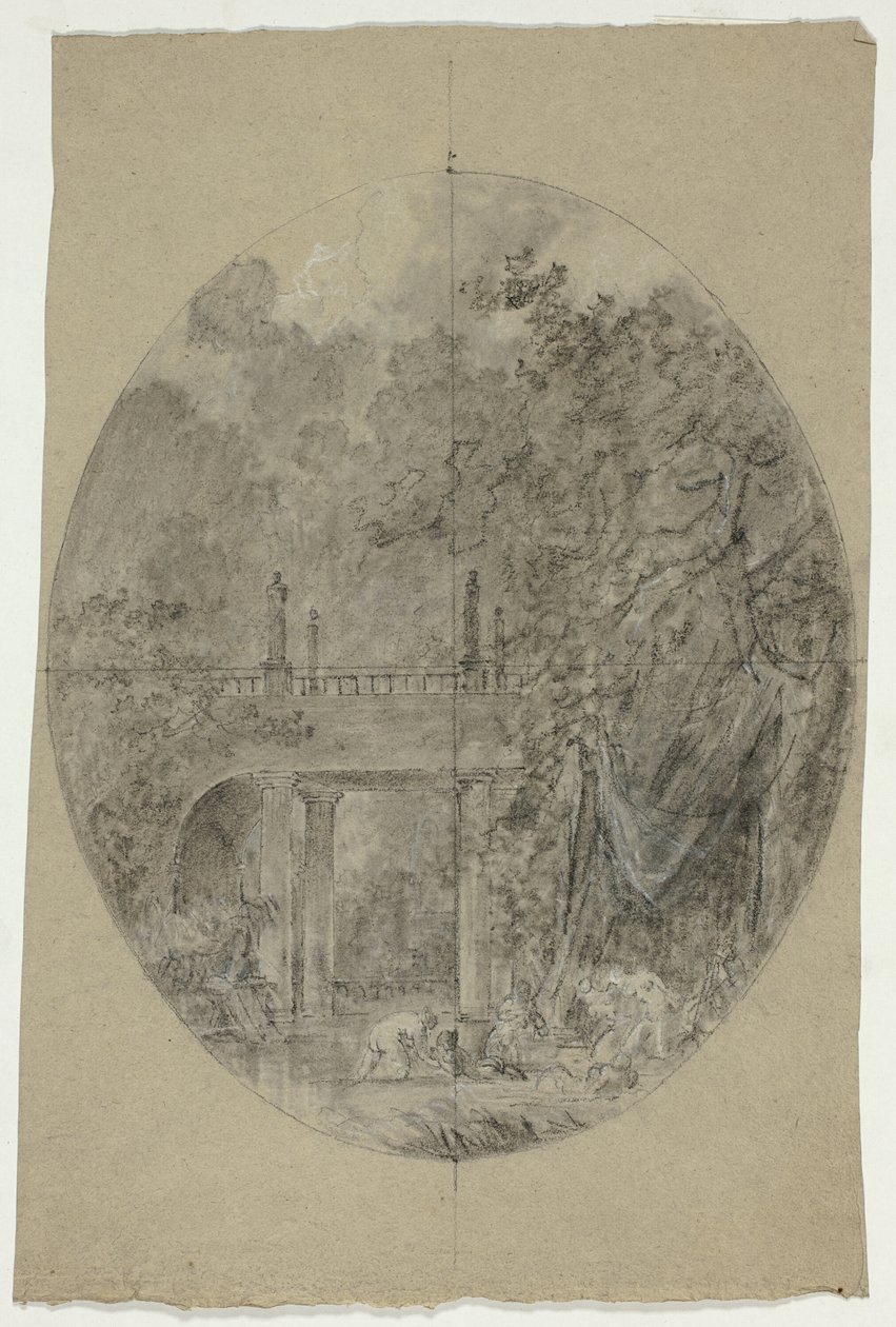 Vue du parc de Versailles : Femmes se baignant sous un pont - Pierre Antoine Mongin