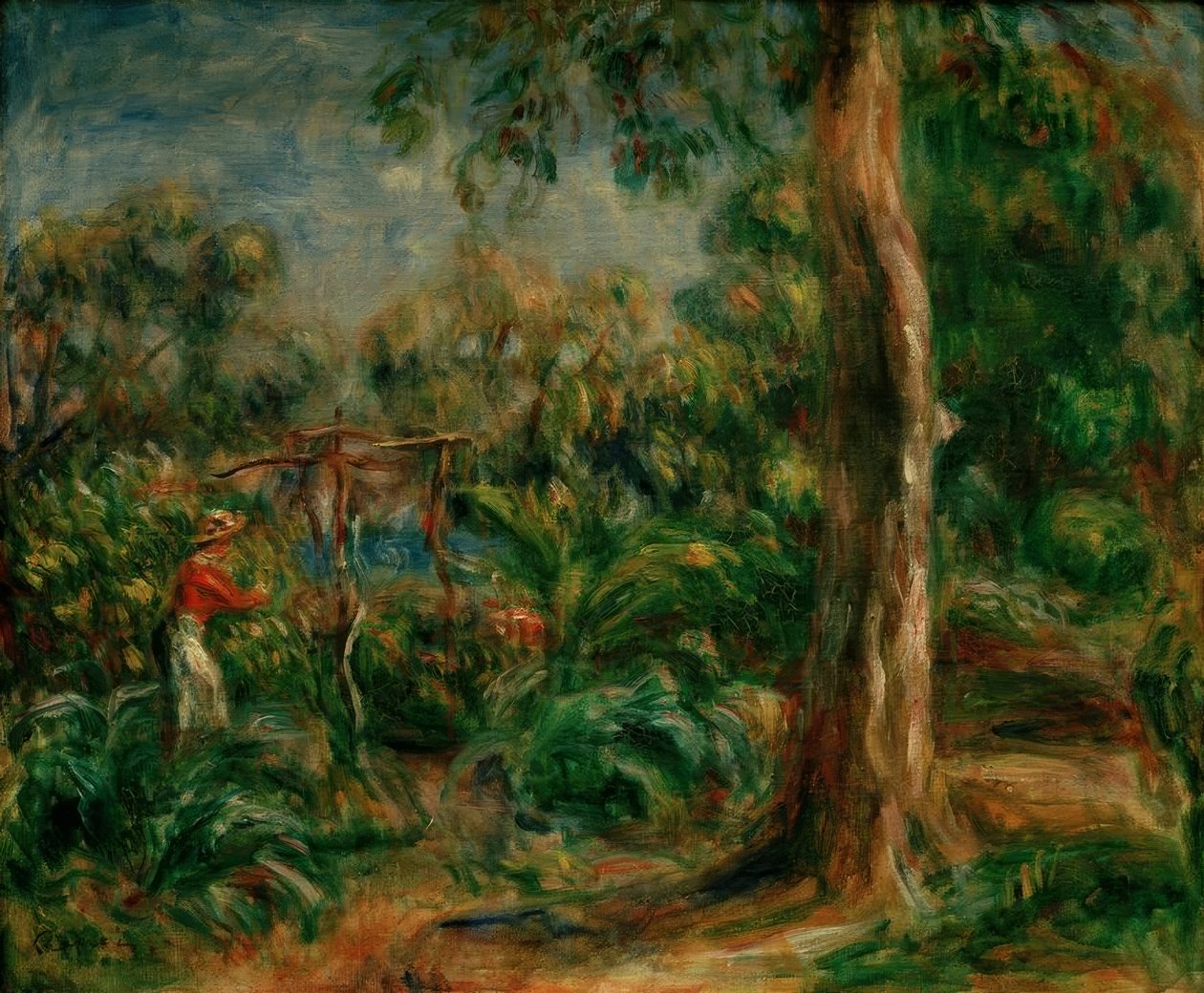 Le grand arbre. Femme au corsage rouge dans le jardin de Ca - Pierre Auguste Renoir
