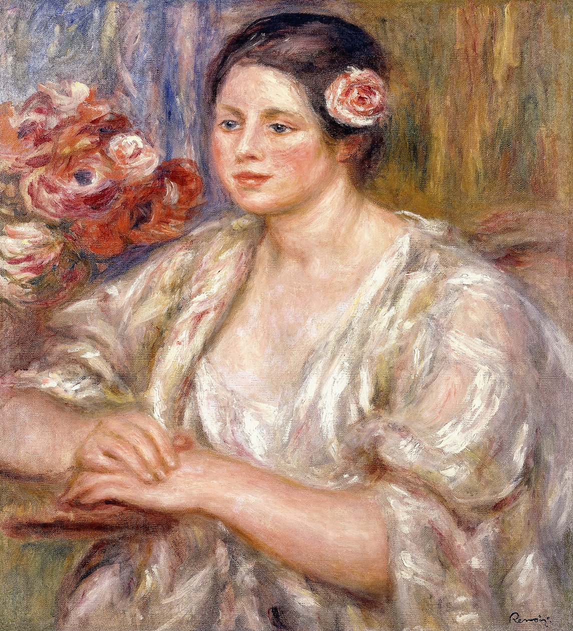 Madeleine en Blouse Blanche et Bouquet de Fleurs, c.1915-1919 - Pierre Auguste Renoir