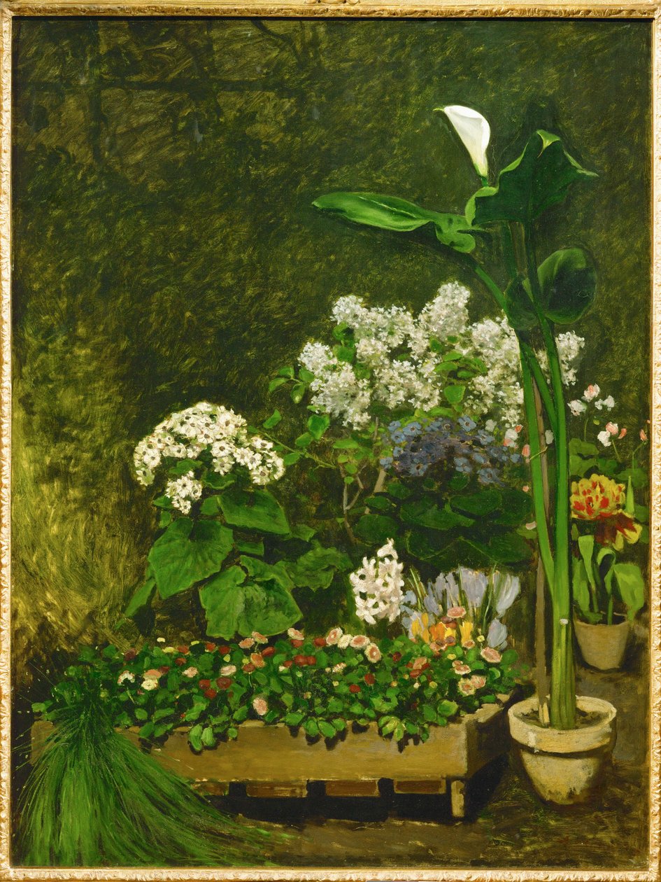 Still-life, spring flowers in a conservatoryture morte, fleurs de printemps dans la serre (oil on canvas) - Pierre Auguste Renoir