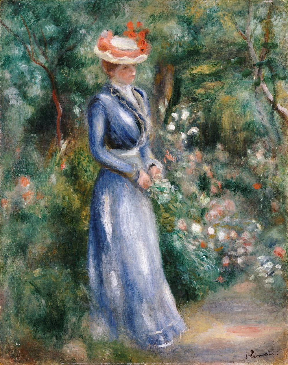 Femme en robe bleue debout dans le jardin à Saint-Cloud - Pierre-Auguste Renoir