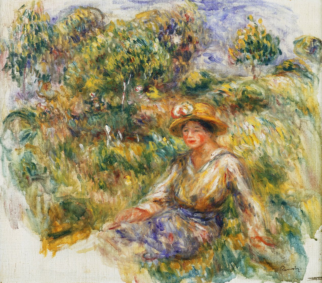 Femme en bleu en chapeau assise sur l
