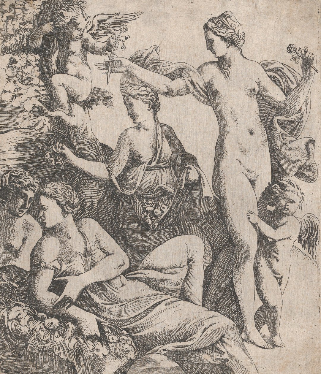 Vénus, debout avec les trois Grâces, reçoit une fleur d