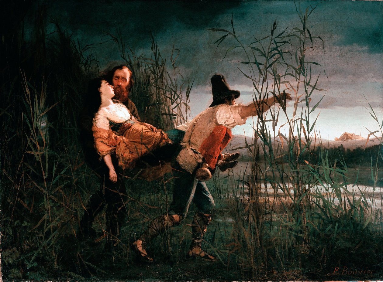 Risorgimento : Giuseppe Garibaldi (1807-1882) et Anita traversent les marais de Comacchio le 3 août - Pierre Bouvier