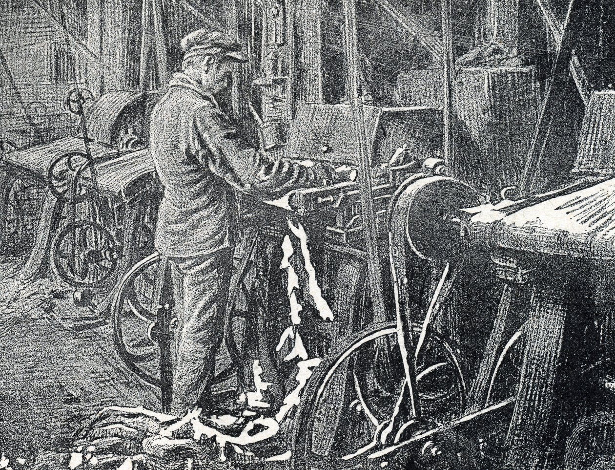Industrie du cuir : tonte mécanique des fourrures, Gravure de "Excursion à travers les métiers" par Pierre Calmette - Pierre Calmettes
