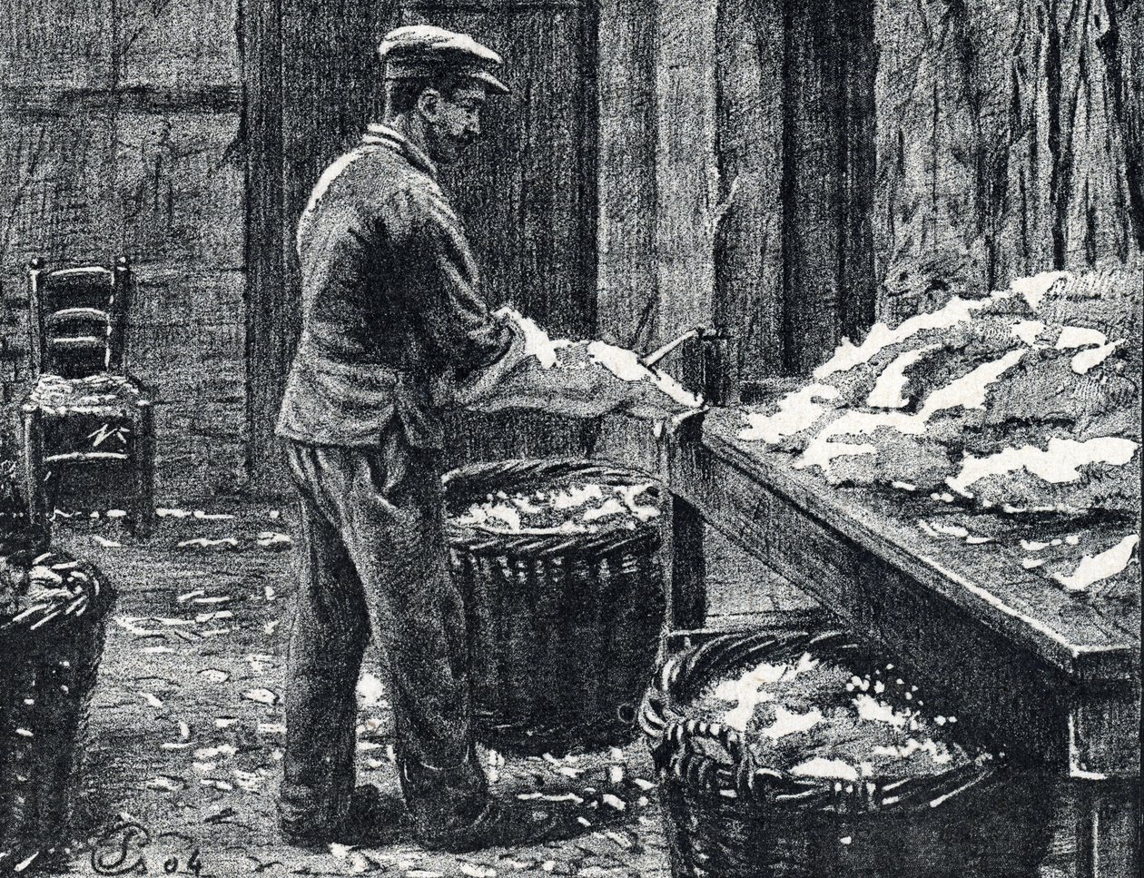 Cuir : fente des peaux de lapin pour faire du cuir Gravure tirée de 