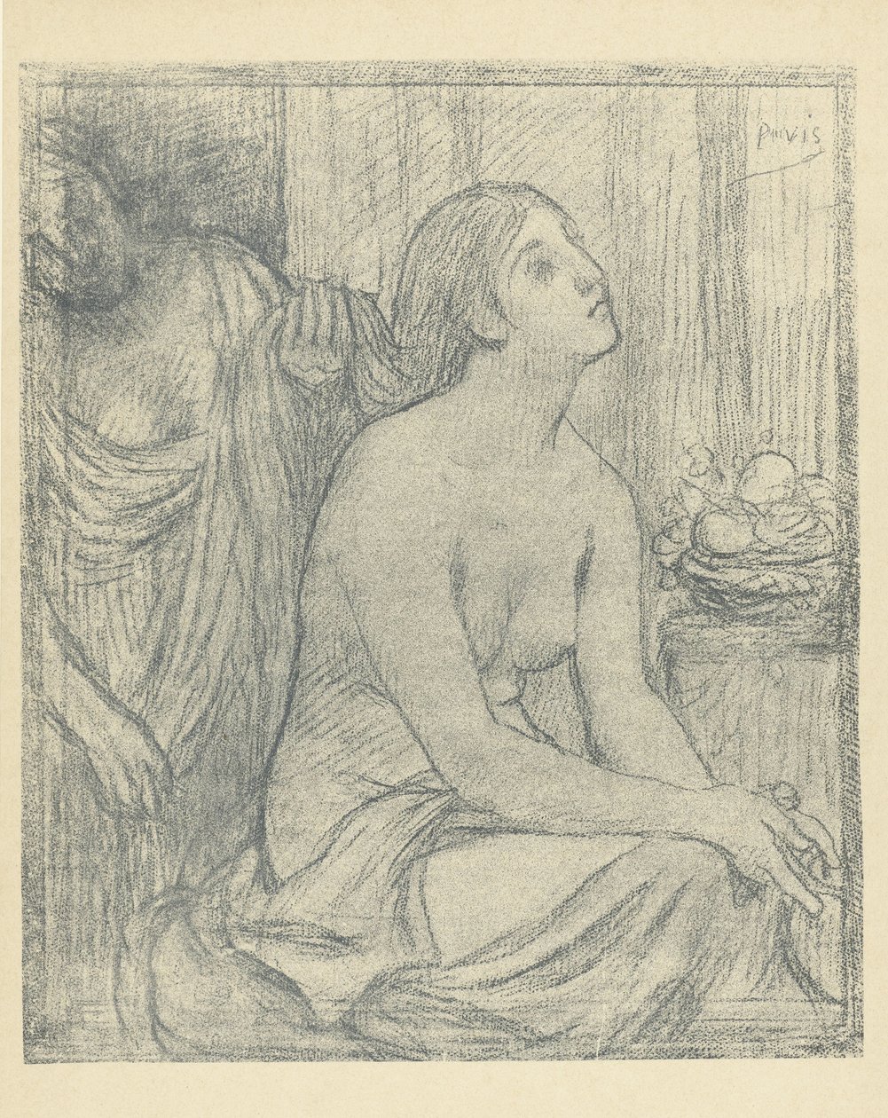 Femme peignant une femme à moitié nue assise (L