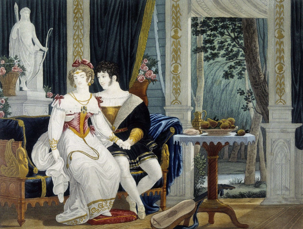 Jeune couple bourgeois dans un intérieur en conversation galante - par Pierre Chasselat, début du 19e siècle - Pierre Chasselat