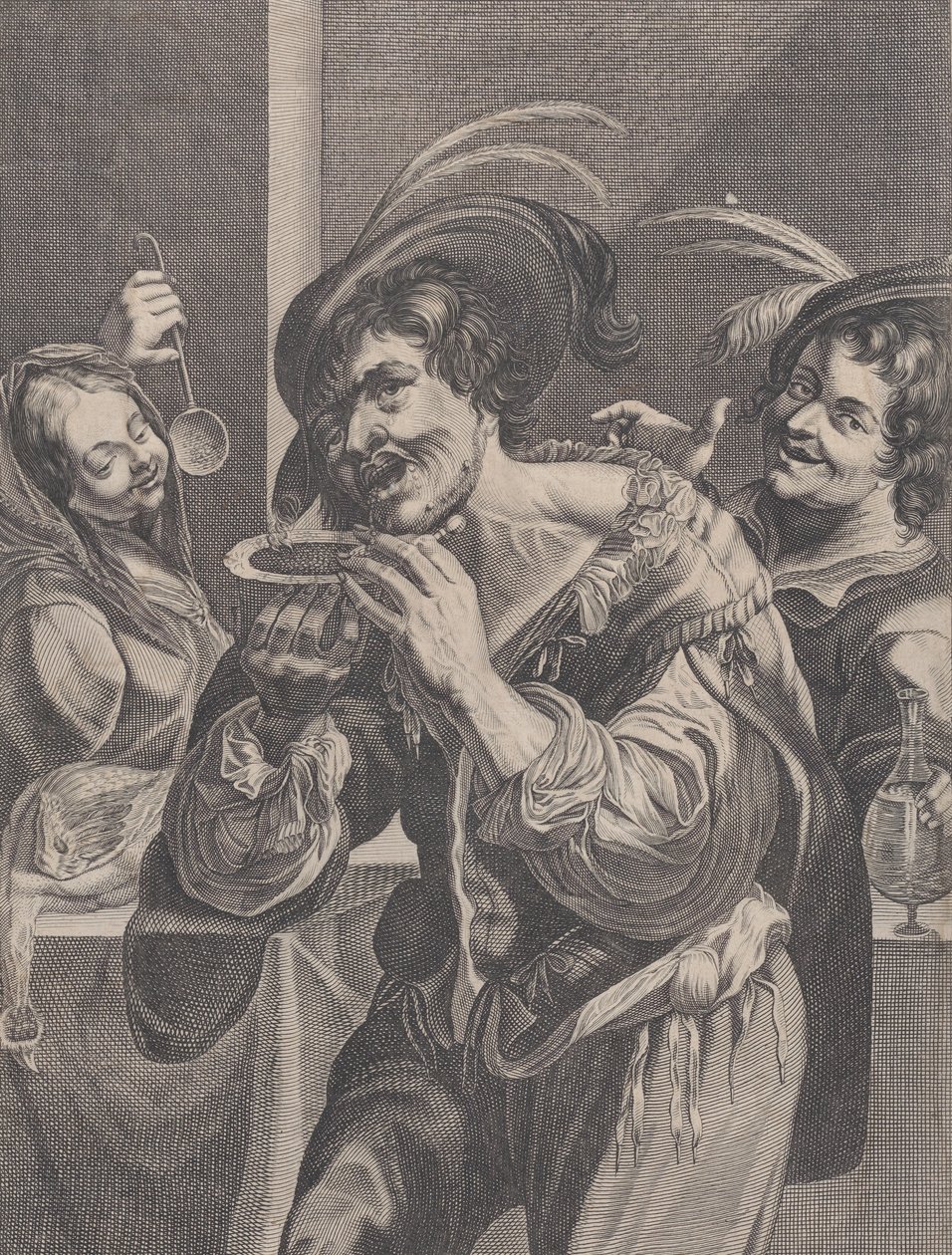 Homme buvant de la soupe tandis que deux personnes le regardent - Pierre Daret