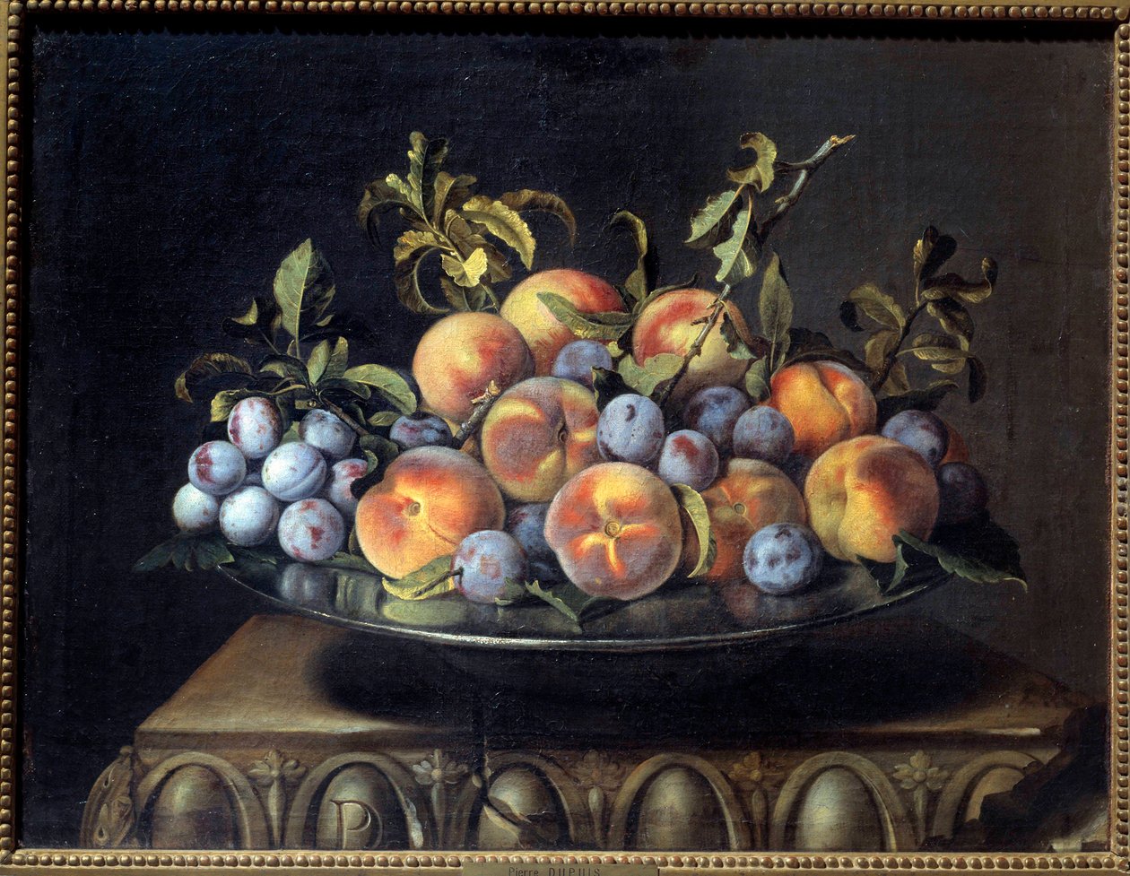 Pêches et prunes dans un plat en étain - Pierre Dupuis