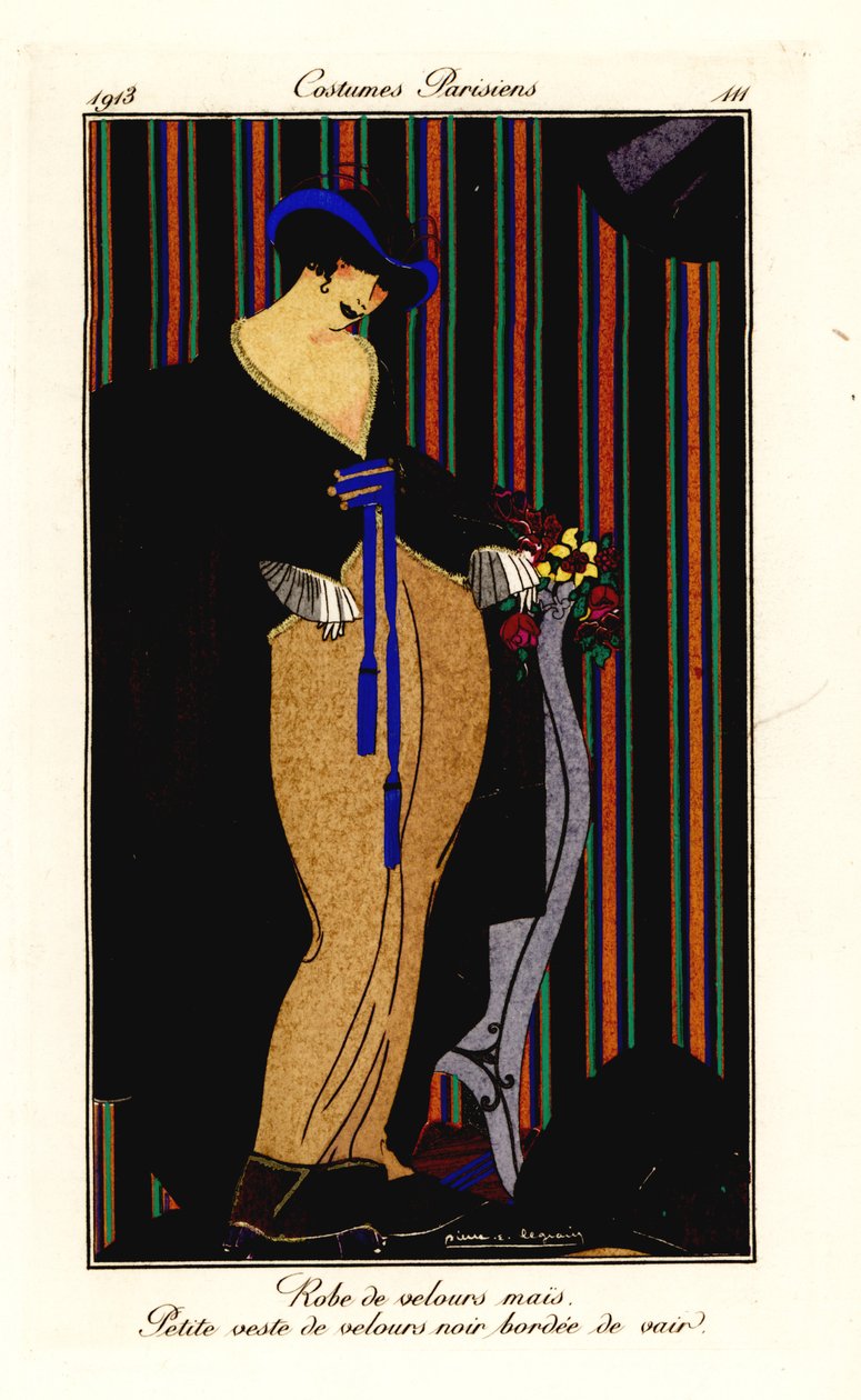 Femme en robe de velours jaune maïs avec gilet noir - Pierre E. Legrain