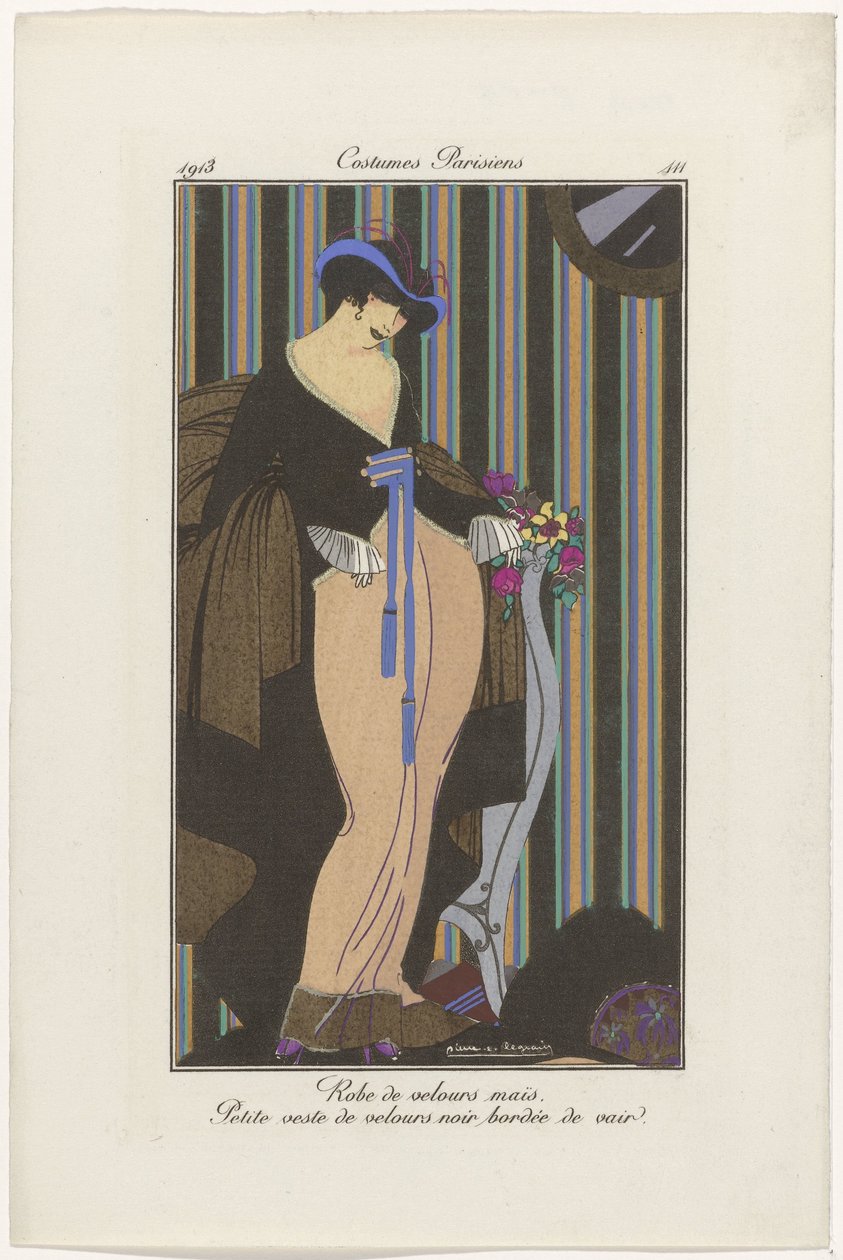 Journal des Dames et des Modes : les illustrateurs de mode, Journal des Dames et des Modes : nouvelles de la mode, Journal des Dames et des Modes, Costumes Parisiens, 1913, No. 111 : Robe de velours - Pierre Emile Legrain