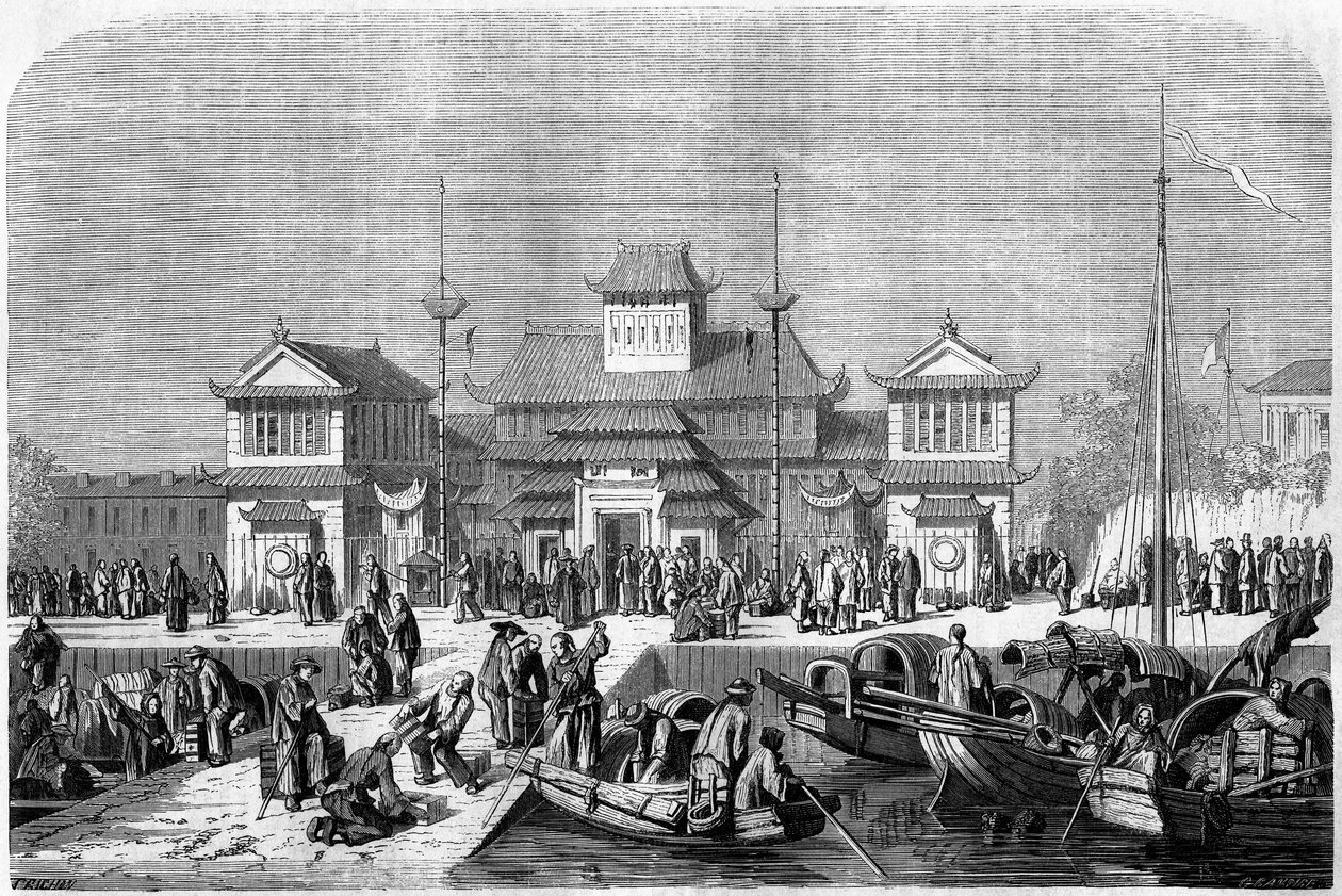 Vue des douanes dans le port de Shanghai en 1860, Chine. Gravure par Grandsire, dans « Le Tour du Monde, Nouveau journal des Voyages », édité par Edouard Charton, Paris - Pierre Eugene Grandsire