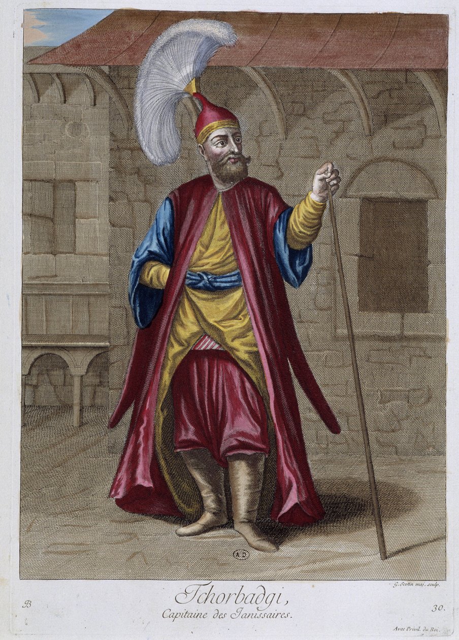 Tchorbadgi, capitaine des janissaires, "Collection de 100 estampes représentant différentes nations du Levant en 1707 et 1708" par les ordres de M. de Frriol, ambassadeur du roi à la Porte et mise à jour en 1712-13 par les soins de M. Le Hay, Basan en - Pierre François Basan