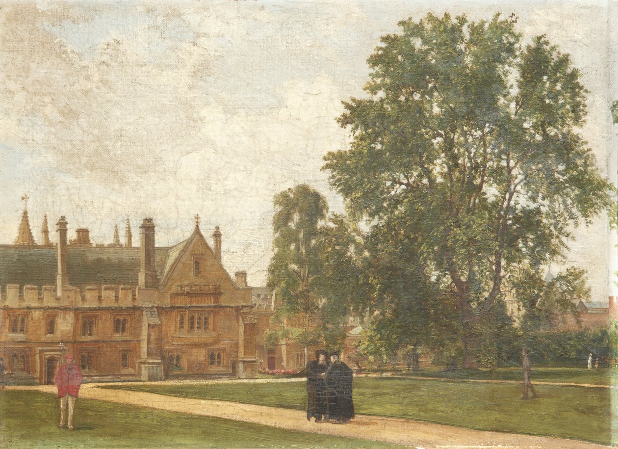 Dans les jardins du Magdalen College, avec des portraits des membres de Magdalen : Révérend T. H. T. Hopkins, Révérend H. R. Bramley, Révérend J. Rigaud et Révérend H. F. Garnsey, 1882 - Pierre François Joseph Tonneau