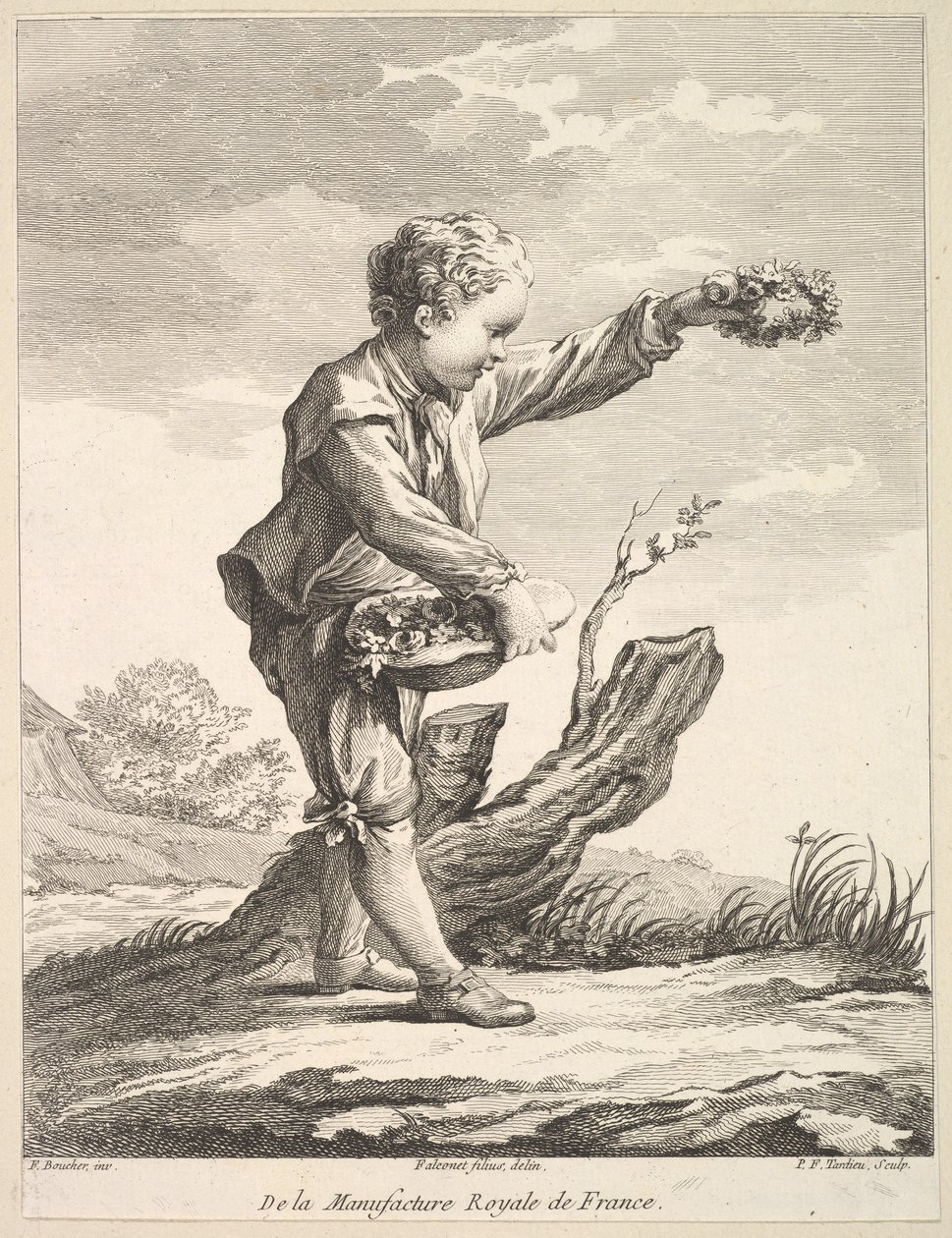 Petit garçon tenant une couronne et un panier de fleurs, du Deuxième Livre de Figures, après 1757 - Pierre François Tardieu