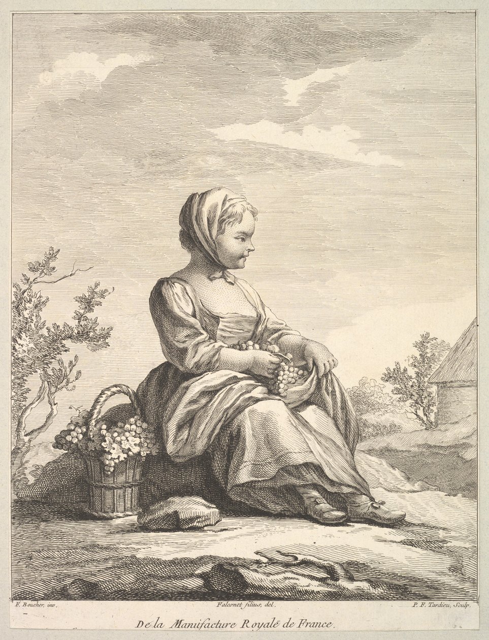 Petite fille tenant des raisins avec un panier à ses côtés, de Deuxième Livre de... - Pierre François Tardieu