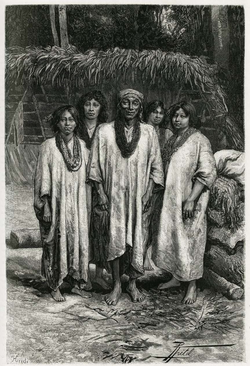 Chef Lacandon et types Lacandon, peuple maya vivant dans les jungles du Chiapas (Mexique). Gravure par P. Fritel, pour illustrer l